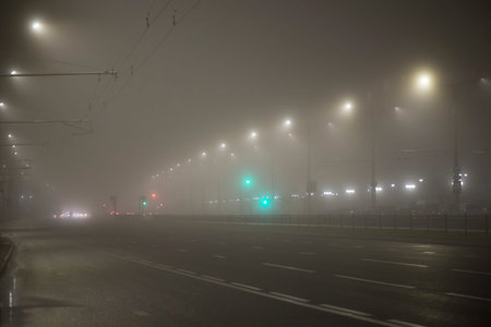 Night street in the grey fog, illuminated by street lights. Empty road at night with heavy fog. In...