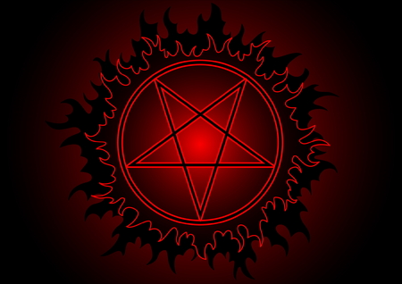 Black and red pentagram in circle with fireのイラスト素材