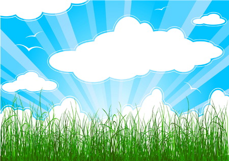 Sunny summer background with grass, clouds and sunbeamsのイラスト素材
