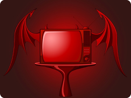 Red evil TV with bats wings isolated on dark backgroundのイラスト素材