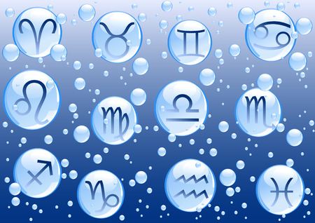 Blue bubbles with zodiac signs on blue background のイラスト素材