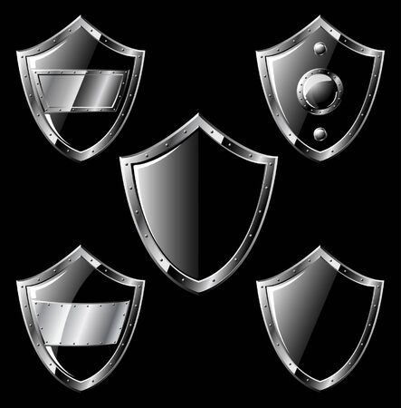 Set of five black steel triangle shields - isolated on blackのイラスト素材