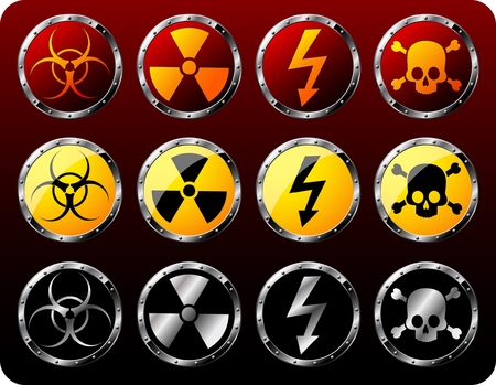 Set of steel shields with warning symbolsのイラスト素材