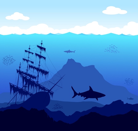 Beautiful and dangerous underwater world with sharks and old shipのイラスト素材