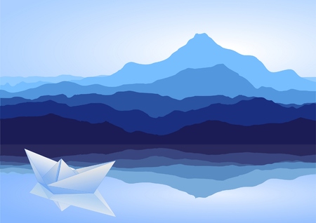 View of blue mountains with lake and paper shipのイラスト素材