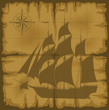 old map with image of large ship and compass rose. illustrationのイラスト素材