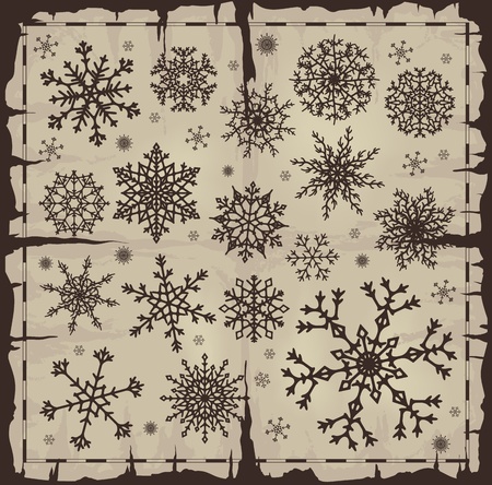Set of different snowflakes over old damaged page. Vector EPS8.のイラスト素材