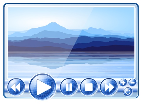 Multimedia Player with view of blue mountains near lake. のイラスト素材