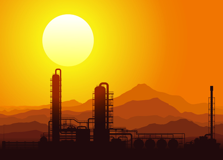 Oil refinery or chemical plant at sunset in the mountains. Vector illustration.のイラスト素材