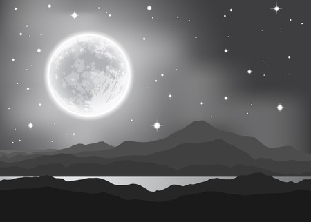 Full Moon over mountains and lake. Night landscape. のイラスト素材