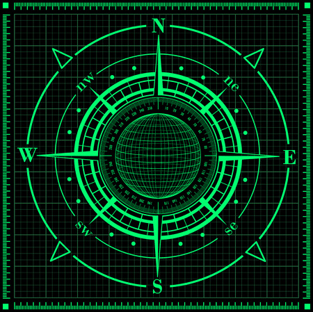 Radar compass rose with globe  Vector illustration のイラスト素材