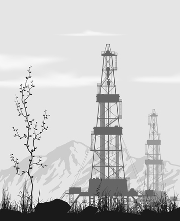 Oil rigs at oilfield over mountain range. Detailed vector illustration.のイラスト素材