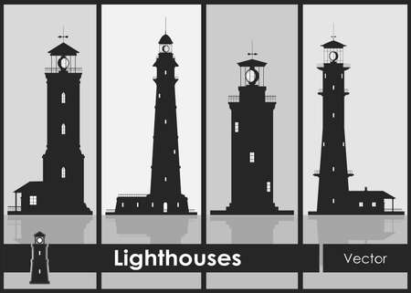 Lighthouses. Set of silhouettes of large lighthouses over grey backgroundの写真素材