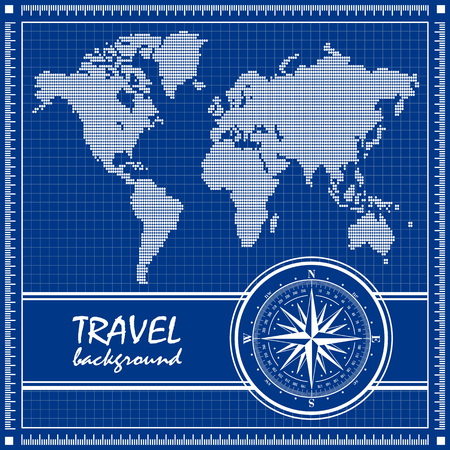 Blueprint. Travel background with dotted world map and compass rose. Vector illustration.のイラスト素材