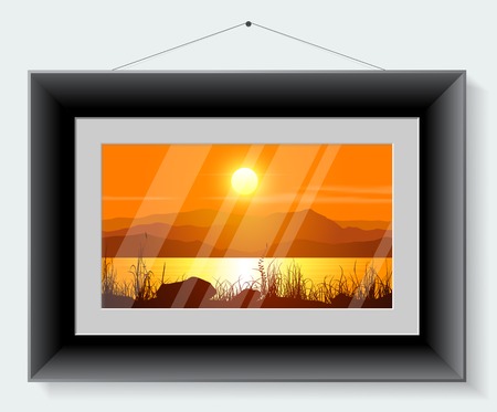 Black frame with the picture of landscape isolated on grey background. Vector illustration.のイラスト素材