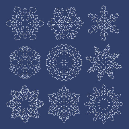 Set of  white contour snowflakes isolated on blue background. のイラスト素材