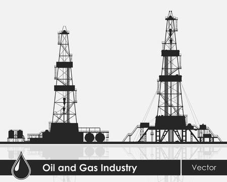 Set of oil rigs silhouettes. Detailed vector illustration over grey background.のイラスト素材
