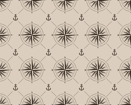 Seamless pattern with compass rose and anchor. Retro style. Vector illustration.のイラスト素材