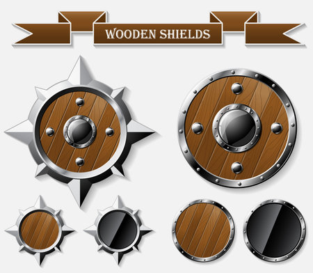 Set of realistic wooden shields isolated on grey. Vector illustration.のイラスト素材