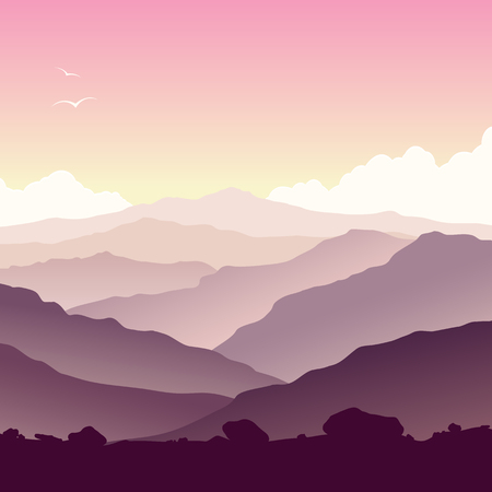 Mountain landscape with grass and huge lake. Wild nature at sunset.のイラスト素材