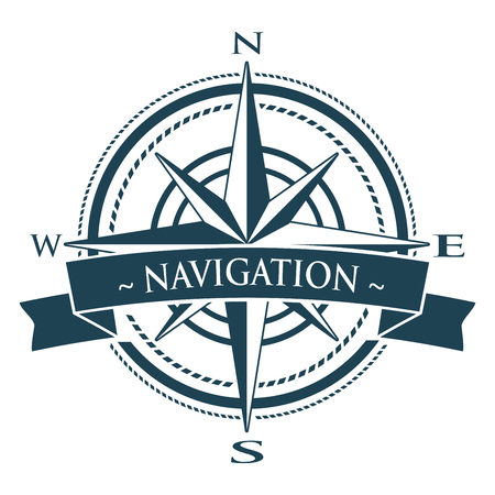 Corporate with wind rose. Emblem with banner isolated on white background. Navigation symbol.のイラスト素材