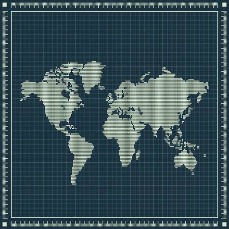 Dotted world map over blueprint background.のイラスト素材