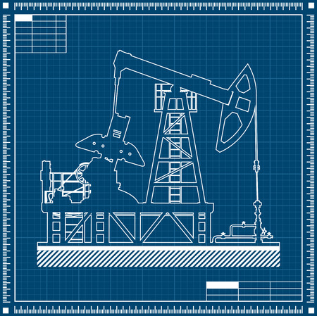 Oil pump silhouette on blueprint background.のイラスト素材