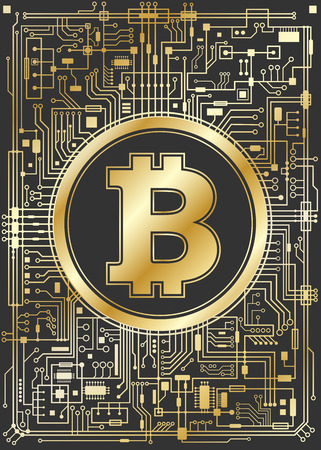 Golden bitcoin digital currency. Futuristic chipset technology network concept. Vector veretical illustration.のイラスト素材