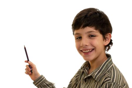 A diligent student is pointing with a smileの写真素材