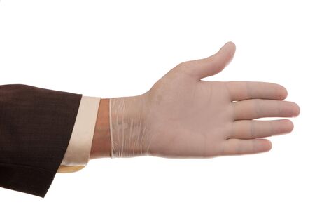 A businessman's hand in examination glove, isolated on the white background の写真素材