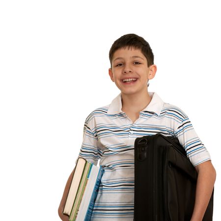 A portrait of a kid carrying a briefcase and books; isolated on the white background の写真素材