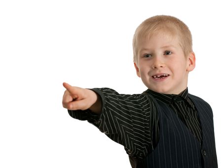 A portrait of a pointing forward boy; isolated on the white backgroundの写真素材