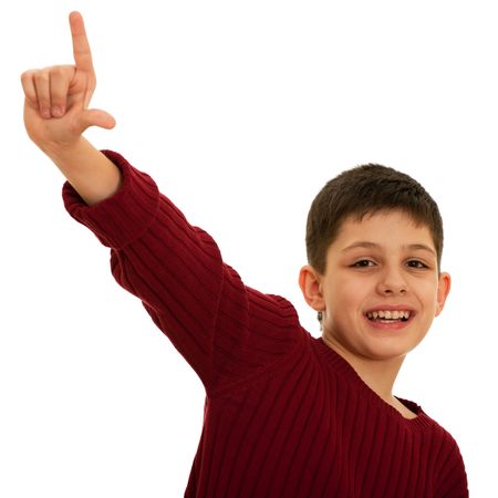 A kid is holding his hand up; isolated on the white backgroundの写真素材