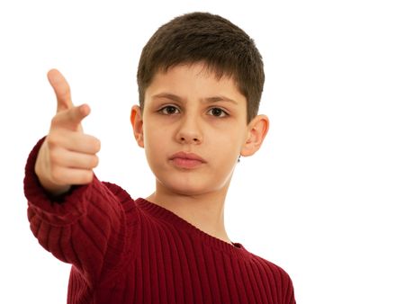 Pointing out teen, isolated on the white backgroundの写真素材