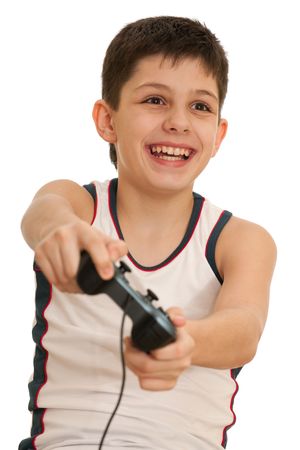 A kid is holding a joystick in his hands; isolated on the white background の写真素材