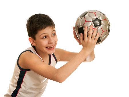 A kid is throwing a ball to an invisible object; isolated on the white backgroundの写真素材