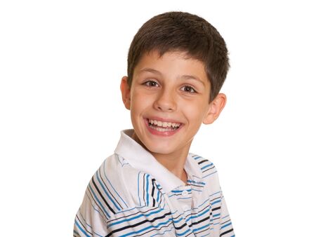 A portrait of a laughing handsome boy; isolated on the white backgroundの写真素材