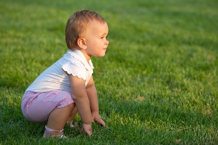 A toddler is touching the grassの写真素材