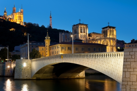 Classical view of Lyon over the Saone river at night  Gの写真素材