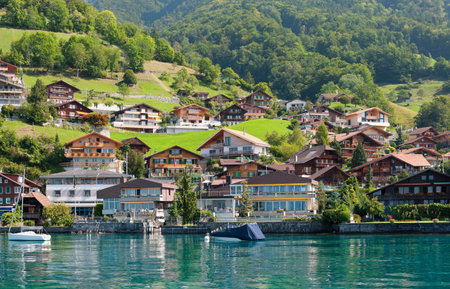 Village in the Alps on the shores of lake  GPS information is in the fileの写真素材