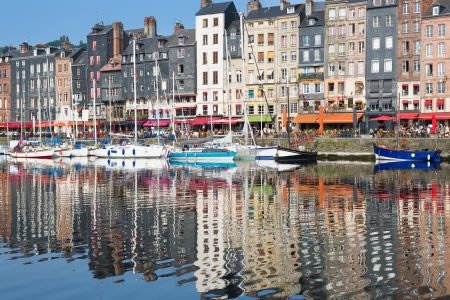Yachts in the Honfleur harbour in the morningの写真素材