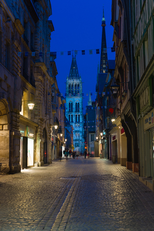 ROUEN, FRANCE - JULY 12  Old night street near Cathedral on July 12, 2013 in  Rouen  Construction of this Cathedral began in the 12th century and was in the Early gothic style のeditorial素材