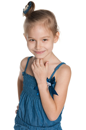 A portrait of a cute little girl on the white backgroundの写真素材