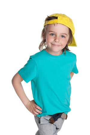 A walking fashion little boy on the white backgroundの写真素材