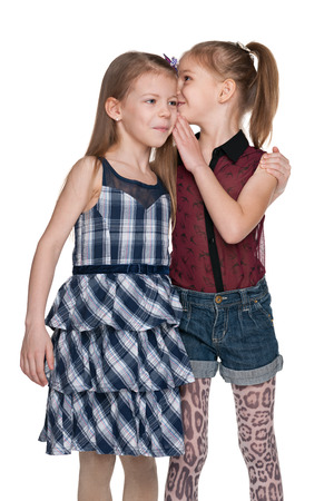 Little girl whispers something to her friend against the white backgroundの写真素材