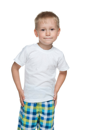 A portrait of a cute preschool boy against the white backgroundの写真素材
