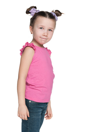 A portrait of a pretty little girl against the white backgroundの写真素材