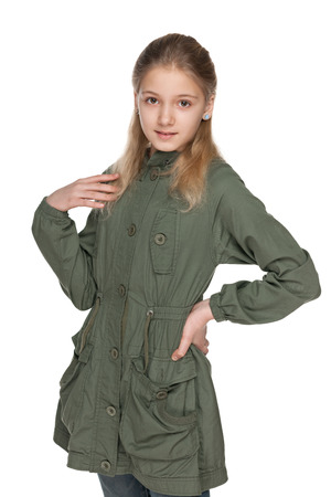 A portrait of an adorable young girl on the white backgroundの写真素材