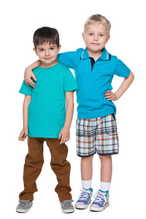 Two handsome little boys are standing together on the white backgroundの写真素材