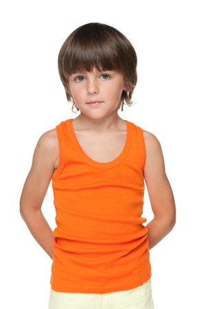 A cute little boy on the white backgroundの写真素材